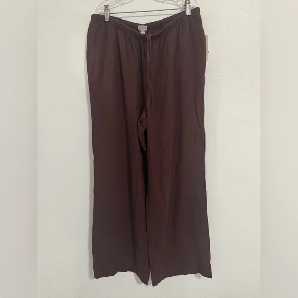 Women's Mid-Rise Wide Leg Linen Pull-On Pants - A New Day™ Brown M: Seam Pocket - Picture 2 of 14